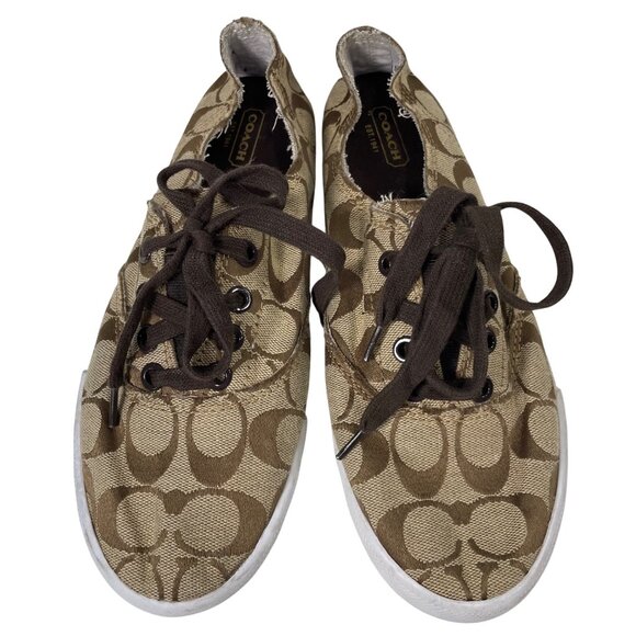 Coach Katie Casual Shoes Womens 8B Brown SlipOn Signature Canvas Sneakers Preppy - Picture 3 of 10